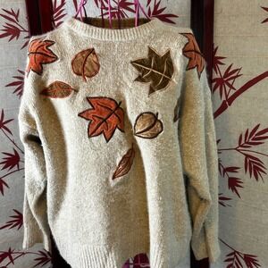Vintage Santoria 1993 Silk Angora Lambswool Leaf Applique Sweater Beige Large